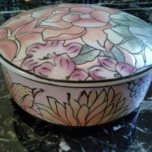 Vintage Macau Porcelain Trinket Box- Lotus Flowers